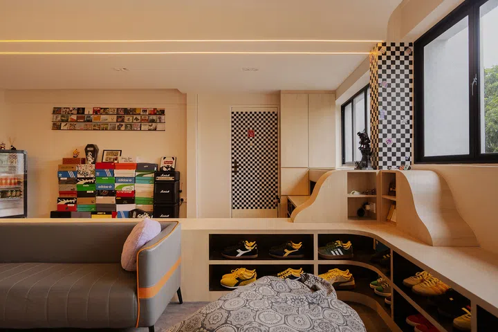Subash merged low sneaker storage with curves inspired by miniature skate parks.