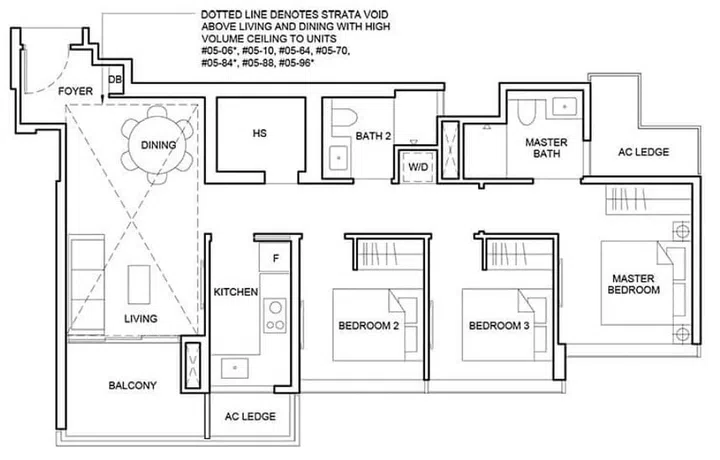 Forett at Bukit Timah floor plan for 3 Bedroom Deluxe Type C1a1 947 sqft. Image from official Forett website