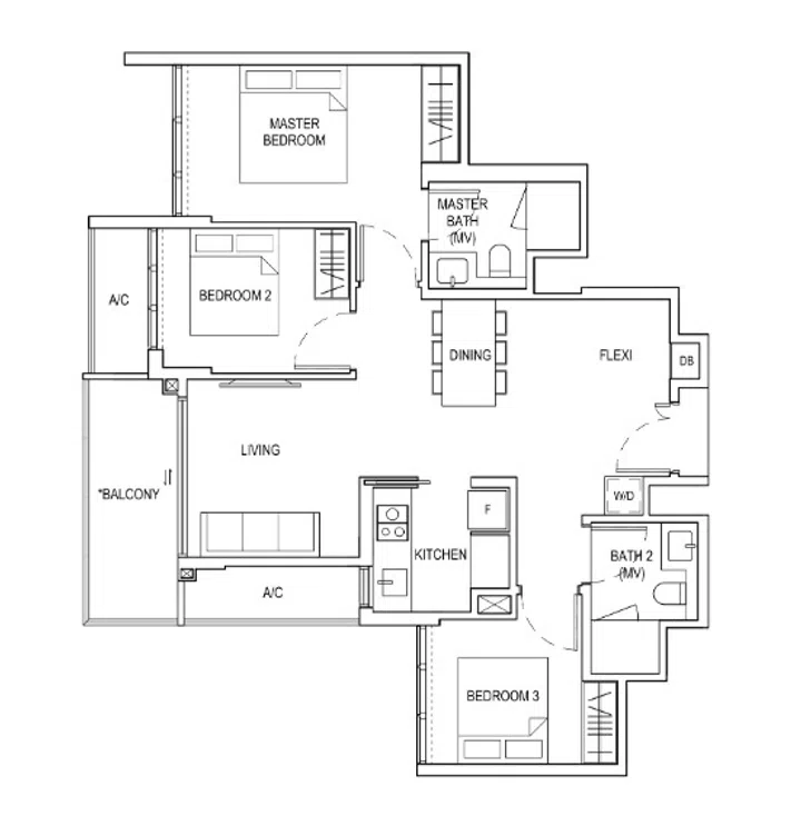 Bagnall Haus Condo 3-bedroom (Type D1) 91 sqm floor plan.