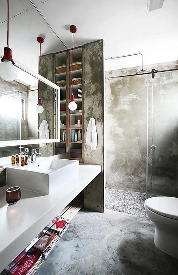 concrete, pebbles, home and decor, renovation, shower,