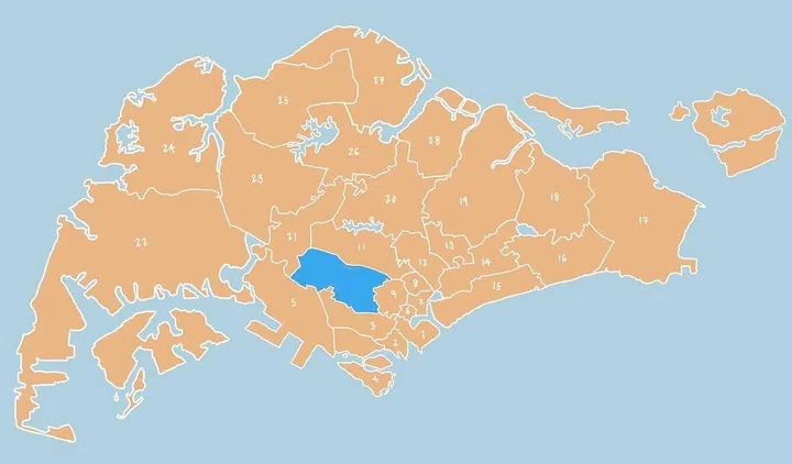 Illustrated map showing District 10 - Bukit Timah, Holland Road, Tanglin in Singapore.