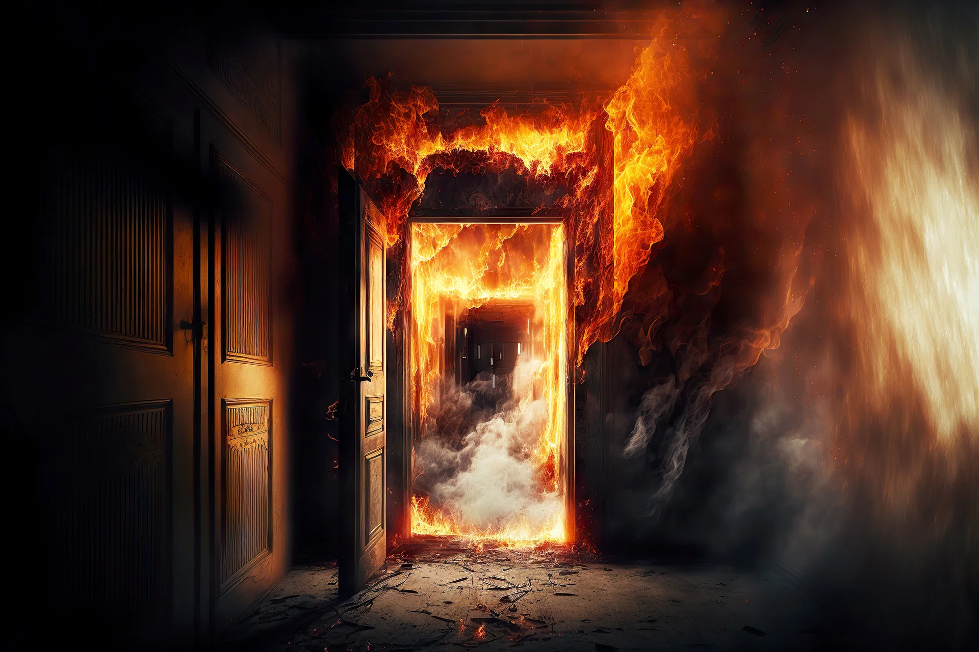 interior room with doors engulfed in flames burning house