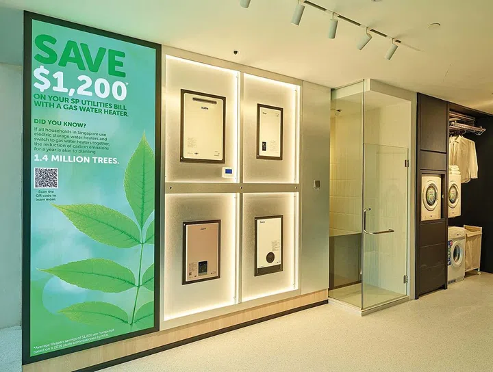 Smart gas water heater display at City Energy's showroom in Plaza Singapura.