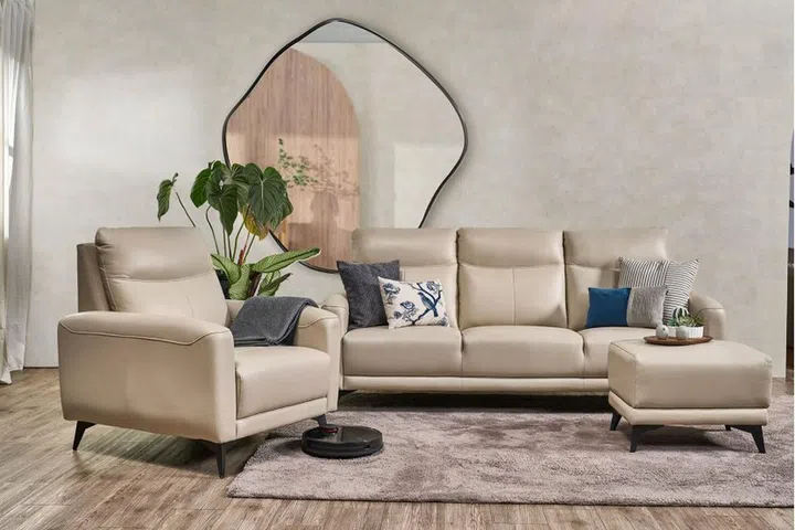 The Leo sofa from Cellini features smooth leather in a range of muted colours and a streamlined design.