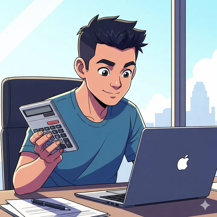 A cartoon image of a young Singaporean man holding a calculator and looking at his laptop.