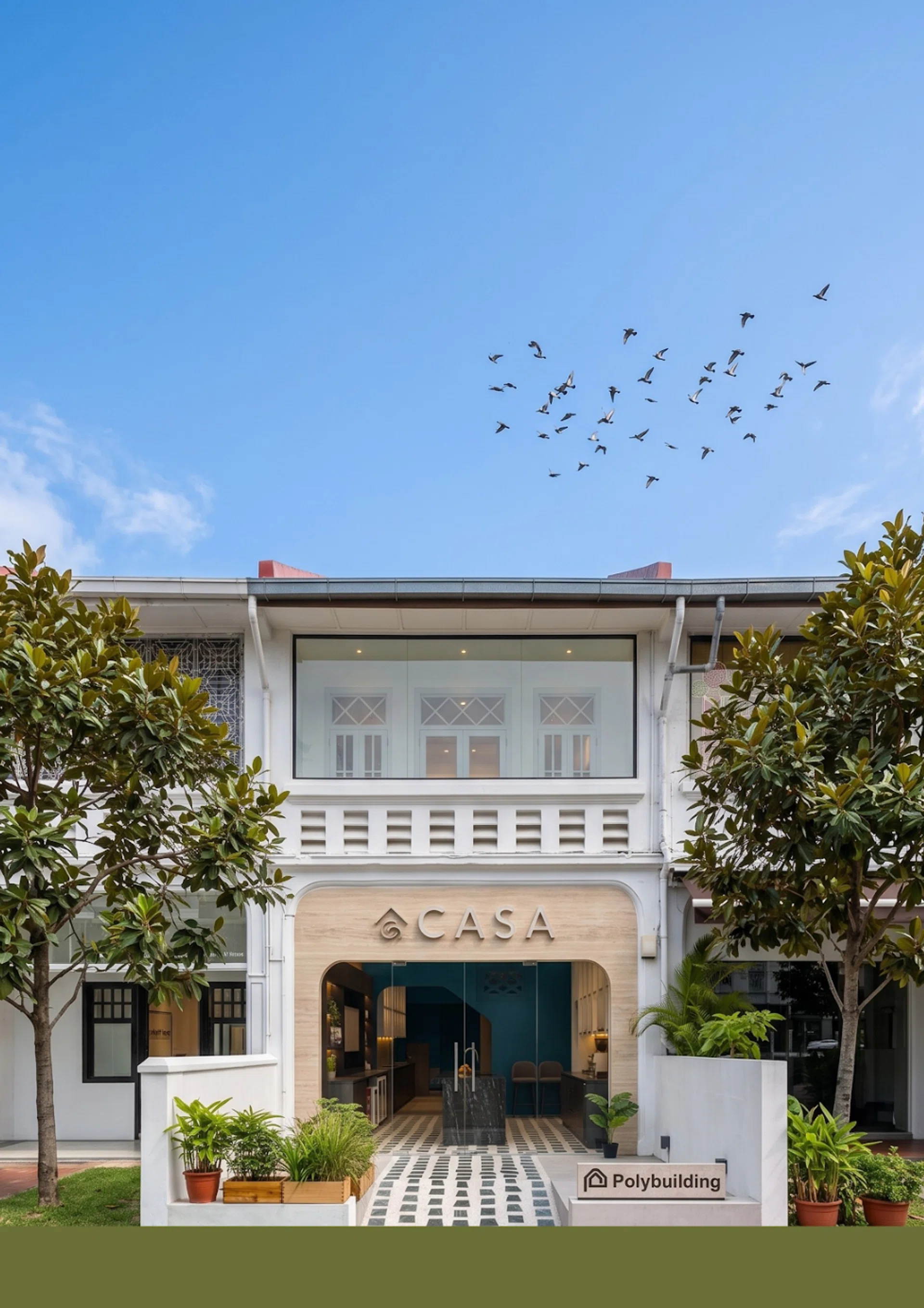 Building facade of the new CASA Polybuilding Experience Gallery that just opened along 164 East Coast Road in September 2026.