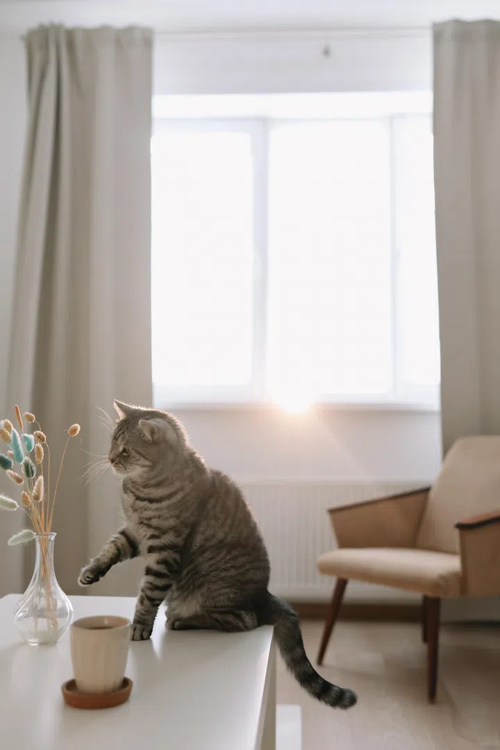 Cute cat and vase with flowers on the table in a cozy home interior..