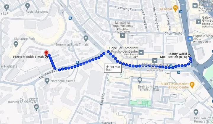 Nearest MRT Station to Forett at Bukit Timah condo is Beauty World MRT Station. Screengrab from Google Maps