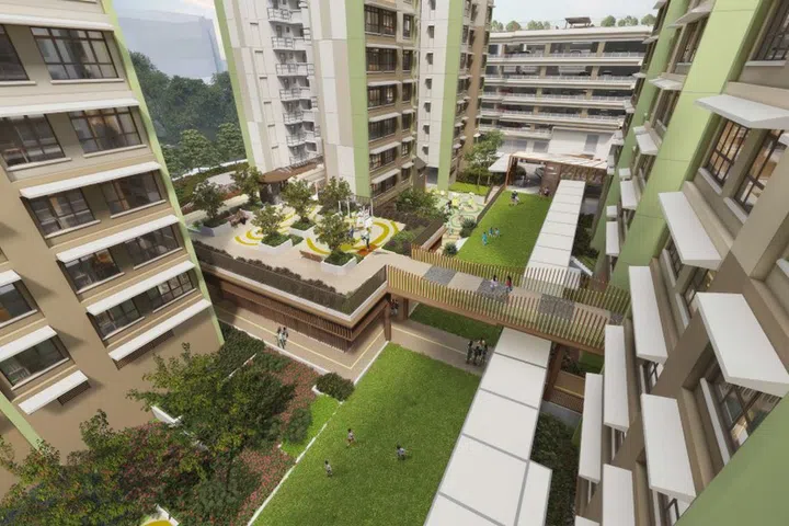 Artist's impression of the Central Trio @ AMK BTO's linear landscaped garden and residential blocks.