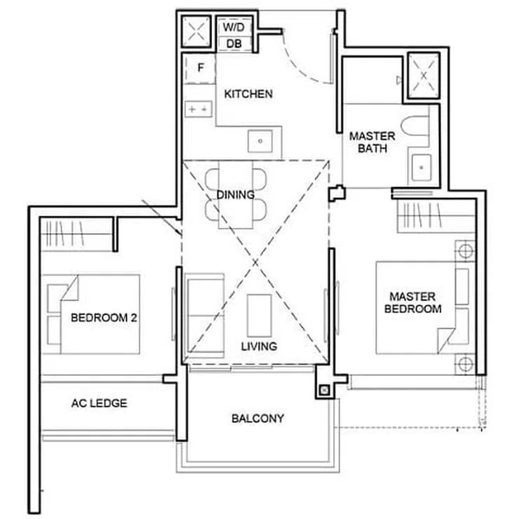 Forett at Bukit Timah floor plan for 2 bedroom 2 Bedroom Type B2a 570sqft. Image from official Forett website