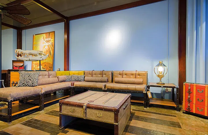 Plush leather colonial style long sofa on display at the former InRoads furniture store in Tan Boon Liat Building.