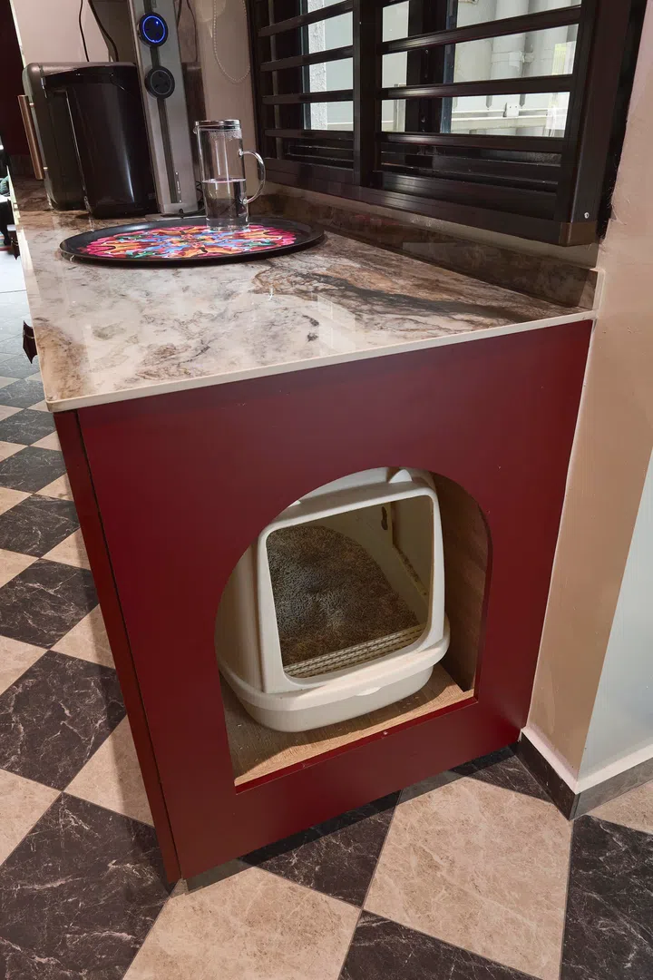 A concealed litterbox is integrated into the kitchen carpentry, accessed through a small arched opening.
