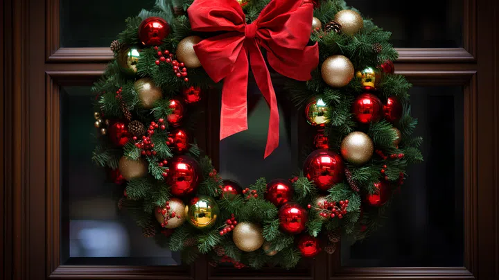 Christmas wreath with red and golden baubles on the door