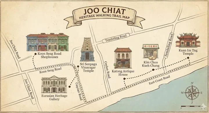 A drawing illustration of the joo chiat heritage walking trail map.