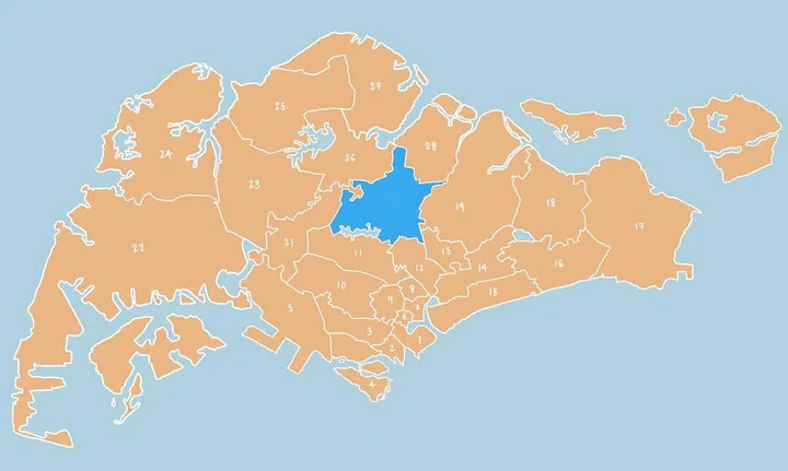 Illustrated map showing District 20 - Bishan, Ang Mo Kio, Thomson in Singapore.
