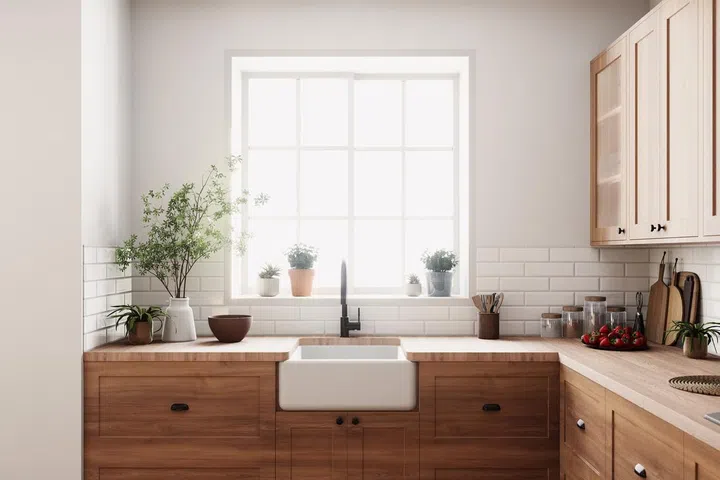 A stylish kitchen with a charming farmhouse sink, elegant wooden cabinets, and vibrant indoor plants.