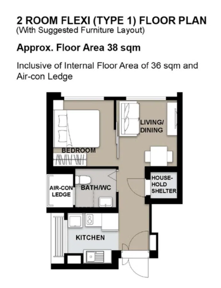 Yishun Chencharu Vines BTO 2-room Flexi floor plan (type 1) 38sqm.