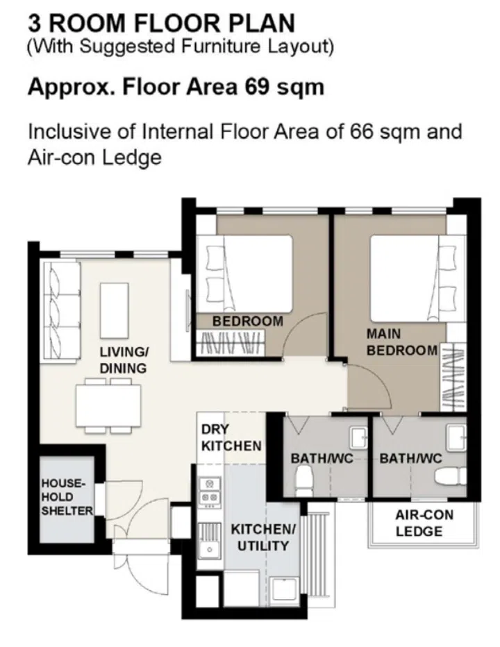 Yishun Chencharu Vines BTO 3-room floor plan (69sqm).