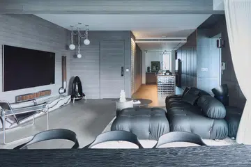 Living room view of Sol Luminaire co-founder’s 3-bedroom condominium at Amber Road (1, 798 sq ft), designed by Spacebar Design.