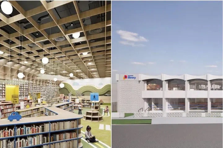 An artist’s impressions of the relocated Ang Mo Kio Library (left) and revamped Queenstown Library.