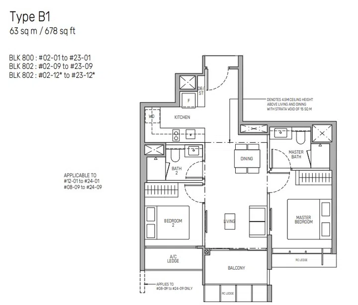 The Myst condo 2-bedroom (Type B1) 63 sqm floor plan.