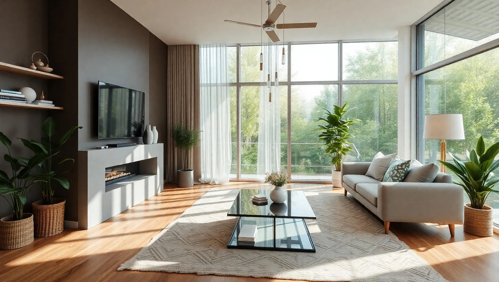 Interior of modern living room with panoramic window.