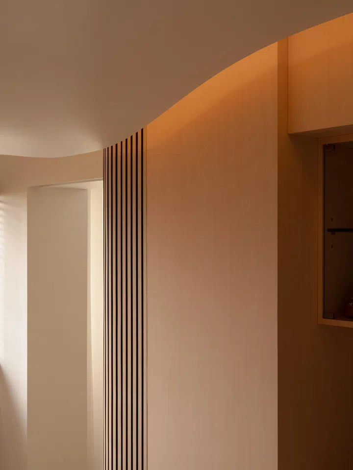 The S-curvilinear ceiling is repeated in the study, while the vertical slatted detailing echoes the cylindrical column in the living room.