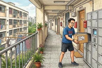 A drawing illustration of a man collecting his parcel from a shelf outside a HDB flat, along a corridor.
