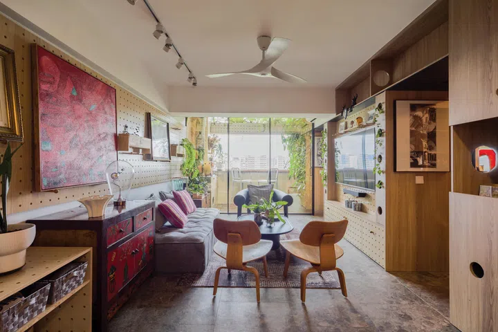 Living room in architect interior designer Winston Lim (of Winstudio)’s 3-room HDB in Pasir Ris.