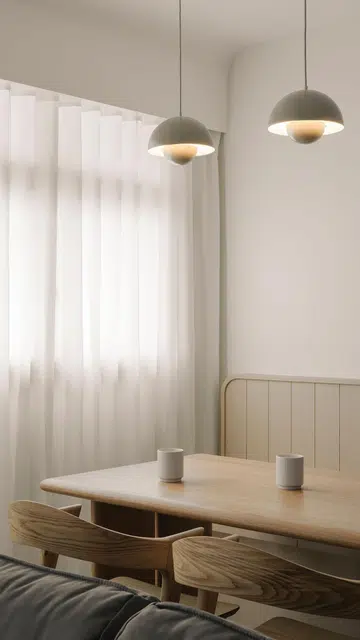 Dining table with bench sits behind the living room sofa in a 4-room HDB in Punggol.