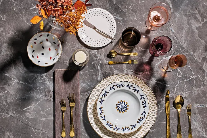 Bitossi Italy Abracadabra rice bowl, $58.90, Bitossi Italy Abracadabra salad plate, $61.90; Gold cutlery, $10.90 each; Rustic matt butter knife, $8.90 all from Lovera Collections. Others, stylist’ own.