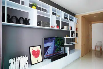 living room open shelving storage space