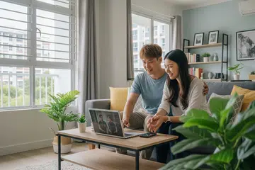 An Asian couple looking at a laptop in a 4-room BTO living room.