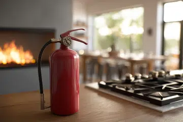 Red fire extinguisher and fire truck illustration in a modern kitchen setting with fireplace flames.