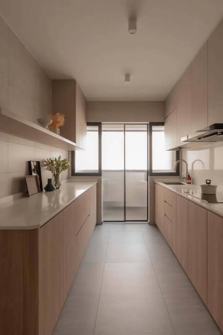 Frosted glass sliding doors and handleless cabinetry keep the kitchen bright, calm, and visually uncluttered, supporting daily routines with quiet efficiency.