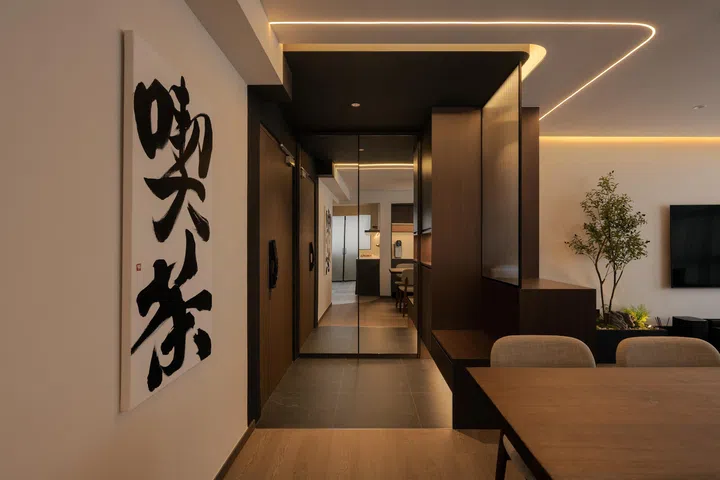 Dining area in a 5-room HDB BTO at Tampines Street 96 (1,216 sq ft), designed by Inizio Atelier.
