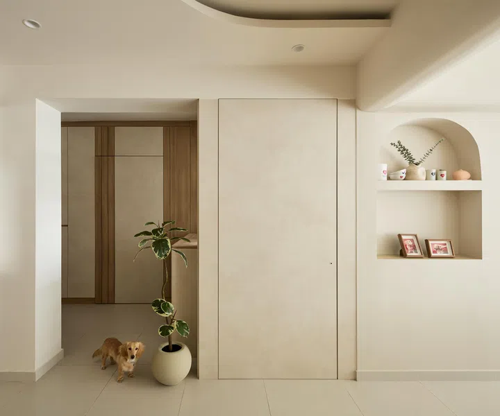 The couple’s wabi-sabi flat in Clementi: pared-back, calming, and home to Latte the dachshund.