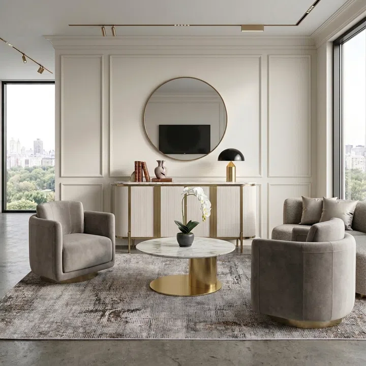 Finn Avenue’s Verity Cream Sideboard Decor, Bastien Luxury Rug, Le Nouvel Coffee Table, Clyde Armchair.