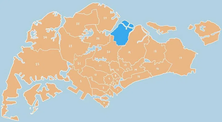Illustrated map showing District 28 - Seletar, Yio Chu Kang, Fernvale towns in Singapore.