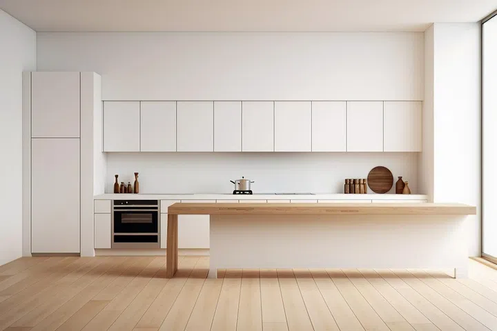 Interior of modern kitchen with white walls, wooden floor, white countertops and wooden cupboards.