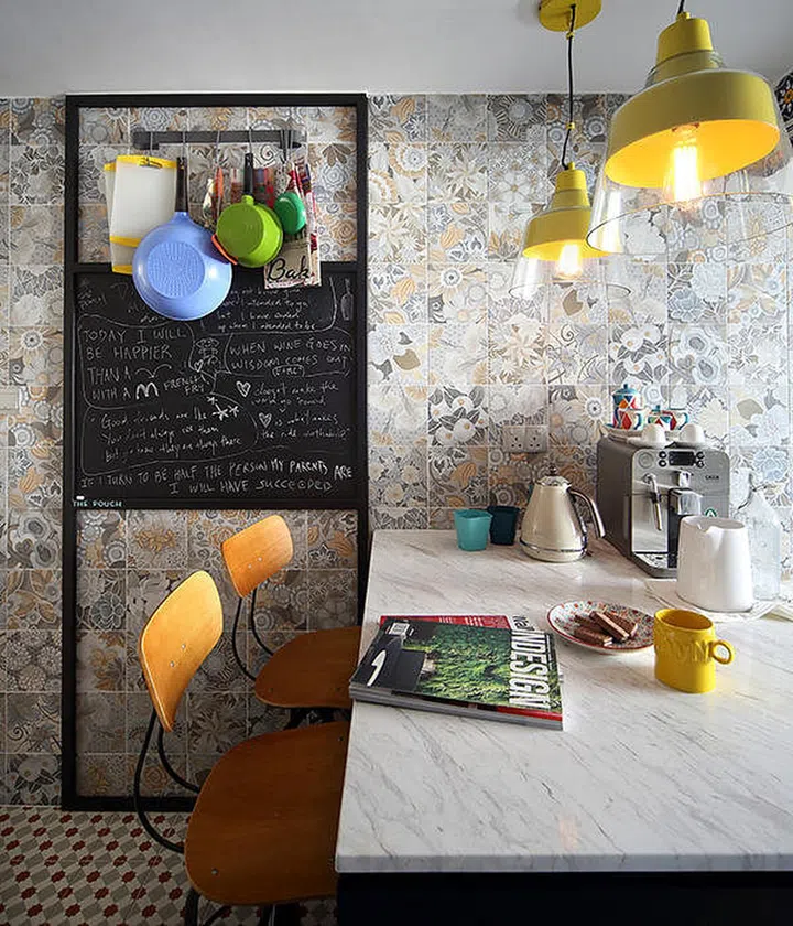 home decor, interior design, dining room, tiles, colourful, crockery, lamp