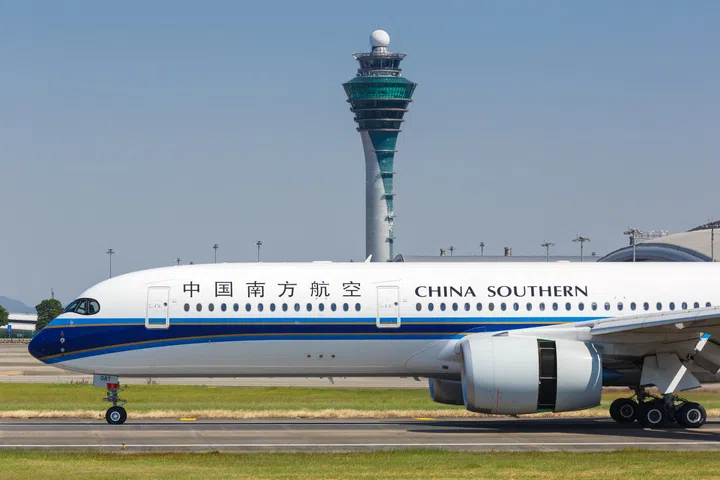 Guangzhou, China. September 24, 2019: China Southern Airlines Airbus A350-900 airplane at Guangzhou airport (CAN) in China. Airbus is a European aircraft manufacturer based in Toulouse, France.