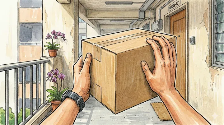 A drawing illustration of a closeup of a pair of hands holding a parcel box