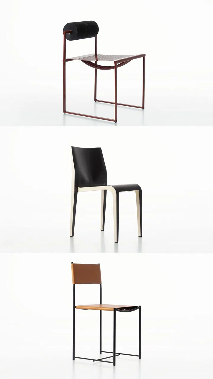 From top, the Prima chair redesigned by Mario Botta 1982 Re-Edition 2023, Laleggera Hide Leather designed by Riccardo Blumer 1996, and Spaghetti Hide Leather designed by Giandomenico Belotti, 1979 Re-Edition 2023. All products from Alias
