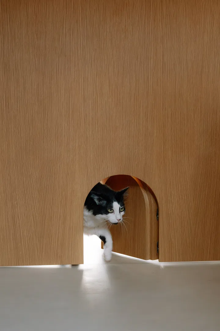 Cut into the bedroom door, a discreet arched cat door allows Yquem and Lafite to roam freely while blending seamlessly into the bespoke joinery.