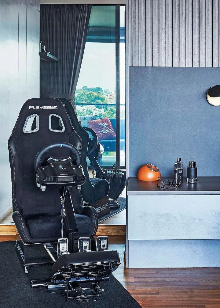 A gaming area in the son’s bedroom in this 4-storey terrace house in Telok Kurau.