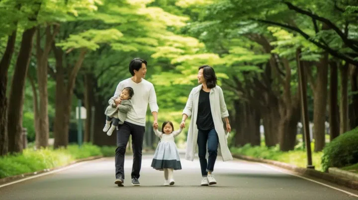 Happy family walking on the road in the park. Asian family travel together. Photo 123RF
