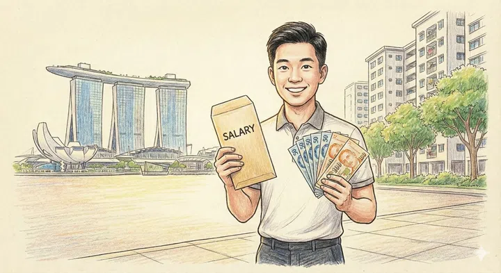A drawing illustration of a young singaporean holding his salary.
