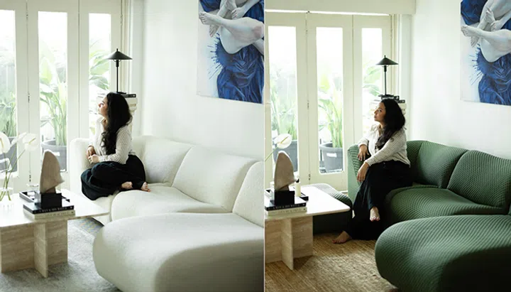 Lady sitting on King Living 1977 sofa in white and green covers