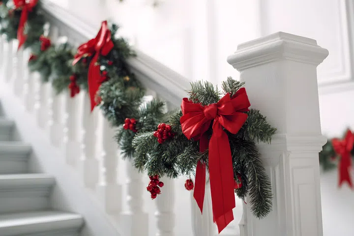 Christmas garland with red bows adorns a white staircase railing.
